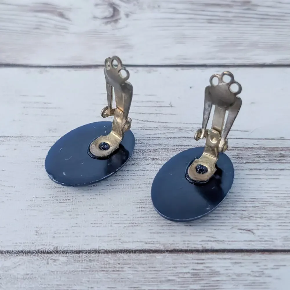 Vintage Clip On Earrings Blue Patterned Oval